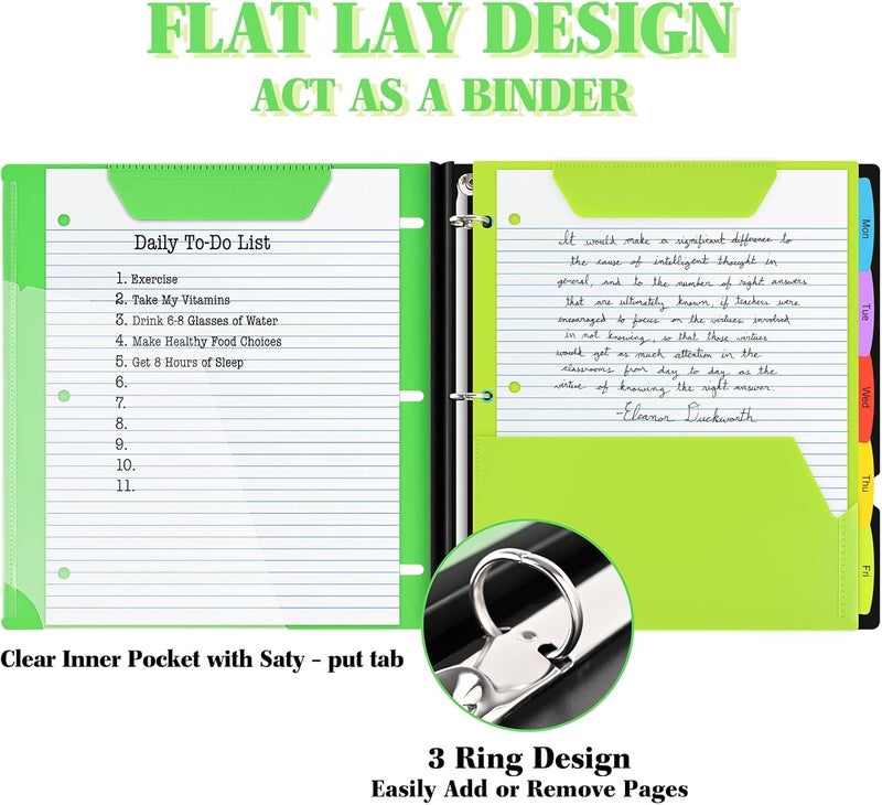 All-in-one Telescoping Binder Notebook ，Refillable 3 Ring Notebook Binder with 1 plastic movable pocket folder,5 plastic subject dividers and graph paper and college ruled paper - Green - Image 3