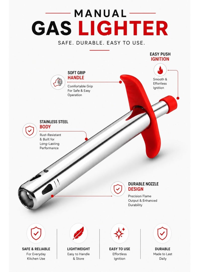 Manual Kitchen Igniter, Stainless Steel Long-Reach Stove Ignition Tool with Red Soft-Grip Handle, Battery-Free Push Operation for Home Cooking - Image 3