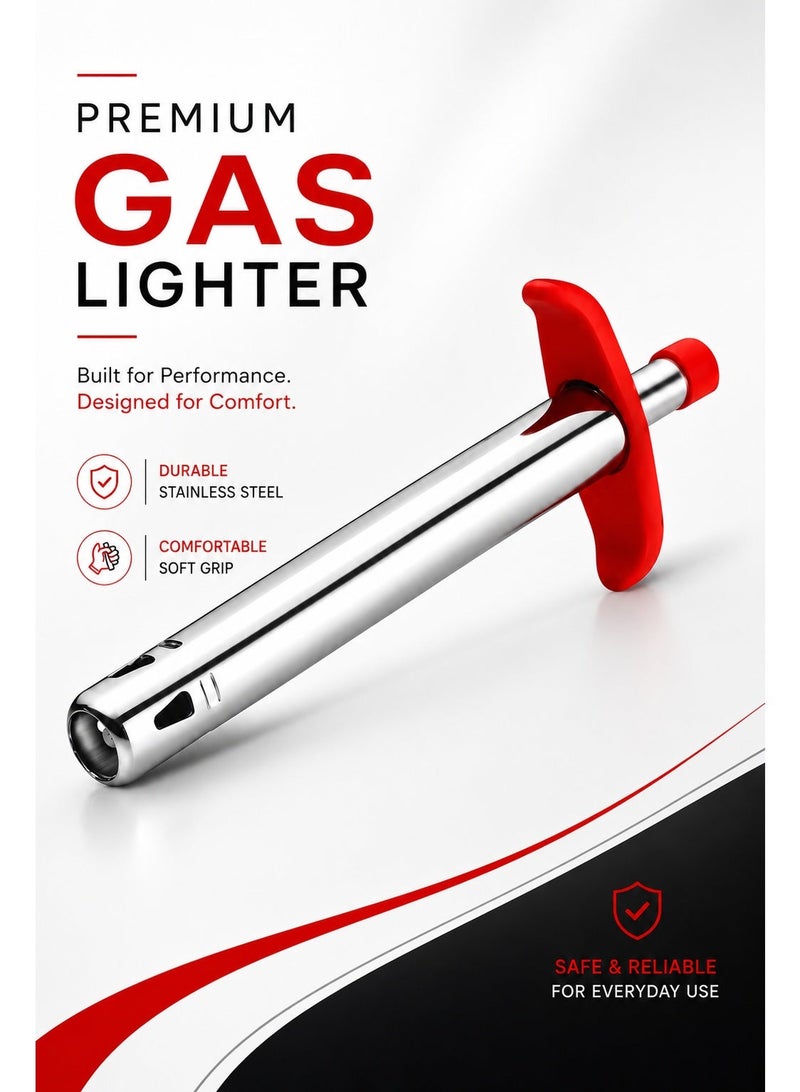 Manual Kitchen Igniter, Stainless Steel Long-Reach Stove Ignition Tool with Red Soft-Grip Handle, Battery-Free Push Operation for Home Cooking - Image 2