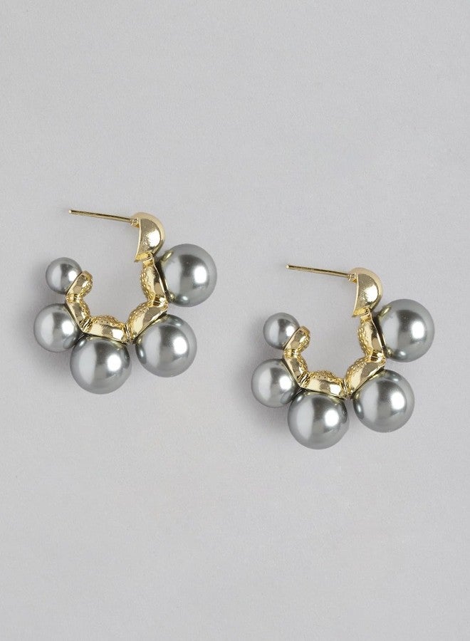 El Regalo French Elegant Luxury Pearls C Shape Stud Earrings for Women & Girls - Vintage-Inspired Pearl Circle Hoop Earrings with Gold Metal Settings, Trendy and Fancy Ear Tops (Grey) - Image 5