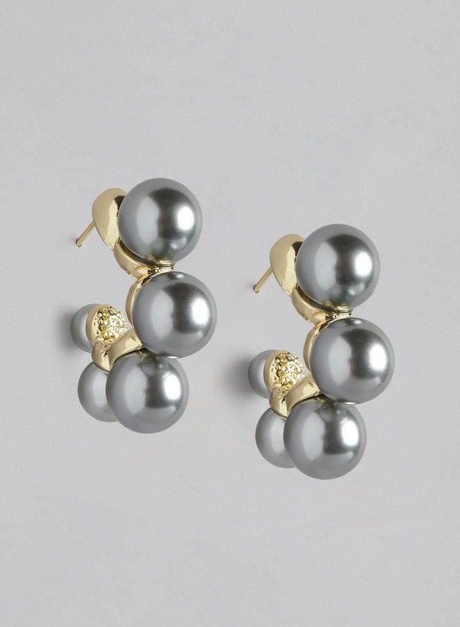 El Regalo French Elegant Luxury Pearls C Shape Stud Earrings for Women & Girls - Vintage-Inspired Pearl Circle Hoop Earrings with Gold Metal Settings, Trendy and Fancy Ear Tops (Grey) - Image 4