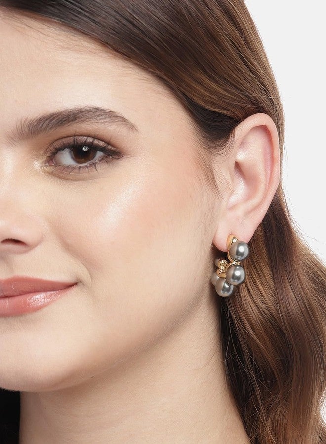 El Regalo French Elegant Luxury Pearls C Shape Stud Earrings for Women & Girls - Vintage-Inspired Pearl Circle Hoop Earrings with Gold Metal Settings, Trendy and Fancy Ear Tops (Grey) - Image 3