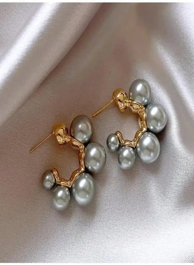 El Regalo French Elegant Luxury Pearls C Shape Stud Earrings for Women & Girls - Vintage-Inspired Pearl Circle Hoop Earrings with Gold Metal Settings, Trendy and Fancy Ear Tops (Grey) - Image 2