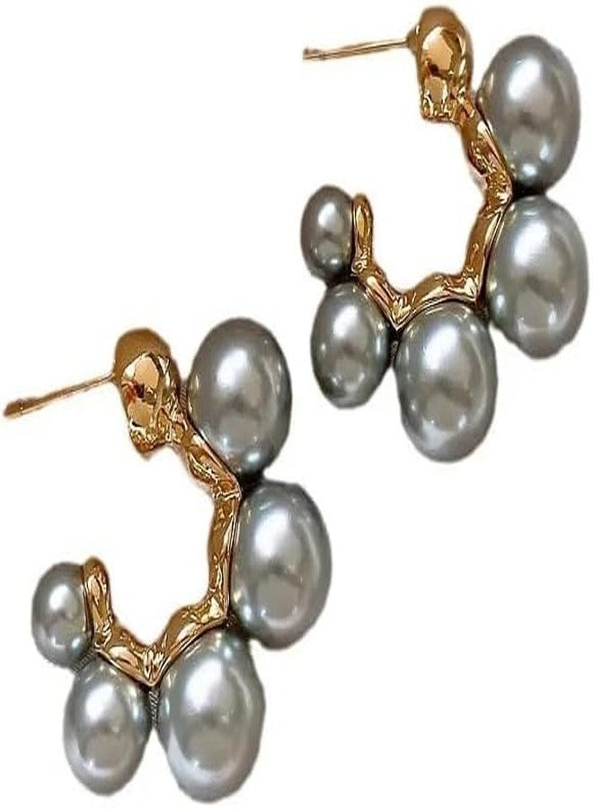 El Regalo French Elegant Luxury Pearls C Shape Stud Earrings for Women & Girls - Vintage-Inspired Pearl Circle Hoop Earrings with Gold Metal Settings, Trendy and Fancy Ear Tops (Grey) - Image 1