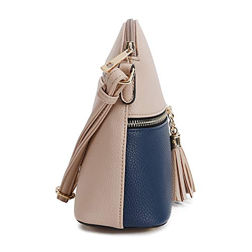 SG SUGU Lunar Lightweight Medium Dome Crossbody Bag Shoulder Bag with Double Tassels | Zipper Pocket | Adjustable Strap|Beige/Navy - Image 3