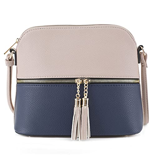 SG SUGU Lunar Lightweight Medium Dome Crossbody Bag Shoulder Bag with Double Tassels | Zipper Pocket | Adjustable Strap|Beige/Navy - Image 1