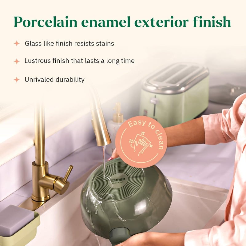 Ember Cookware إمبر للأواني الطهي كاداي سيراميك آركيلا غير لاصق 24 سم | غطاء زجاجي | مقابض متطابقة | 1x ملعقة مسطحة | آمن للاستخدام على الحث | غير سامة | مقلاة عميقة | خالية من PFAS و PTFE | سلسلة فلورنسا | أخضر - Image 5