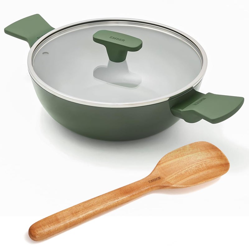 Ember Cookware إمبر للأواني الطهي كاداي سيراميك آركيلا غير لاصق 24 سم | غطاء زجاجي | مقابض متطابقة | 1x ملعقة مسطحة | آمن للاستخدام على الحث | غير سامة | مقلاة عميقة | خالية من PFAS و PTFE | سلسلة فلورنسا | أخضر - Image 1
