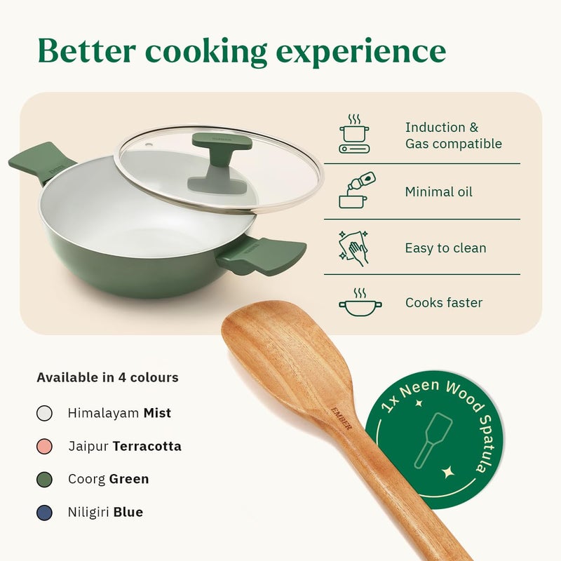 Ember Cookware إمبر للأواني الطهي كاداي سيراميك آركيلا غير لاصق 24 سم | غطاء زجاجي | مقابض متطابقة | 1x ملعقة مسطحة | آمن للاستخدام على الحث | غير سامة | مقلاة عميقة | خالية من PFAS و PTFE | سلسلة فلورنسا | أخضر - Image 3