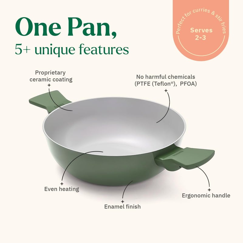 Ember Cookware إمبر للأواني الطهي كاداي سيراميك آركيلا غير لاصق 24 سم | غطاء زجاجي | مقابض متطابقة | 1x ملعقة مسطحة | آمن للاستخدام على الحث | غير سامة | مقلاة عميقة | خالية من PFAS و PTFE | سلسلة فلورنسا | أخضر - Image 2