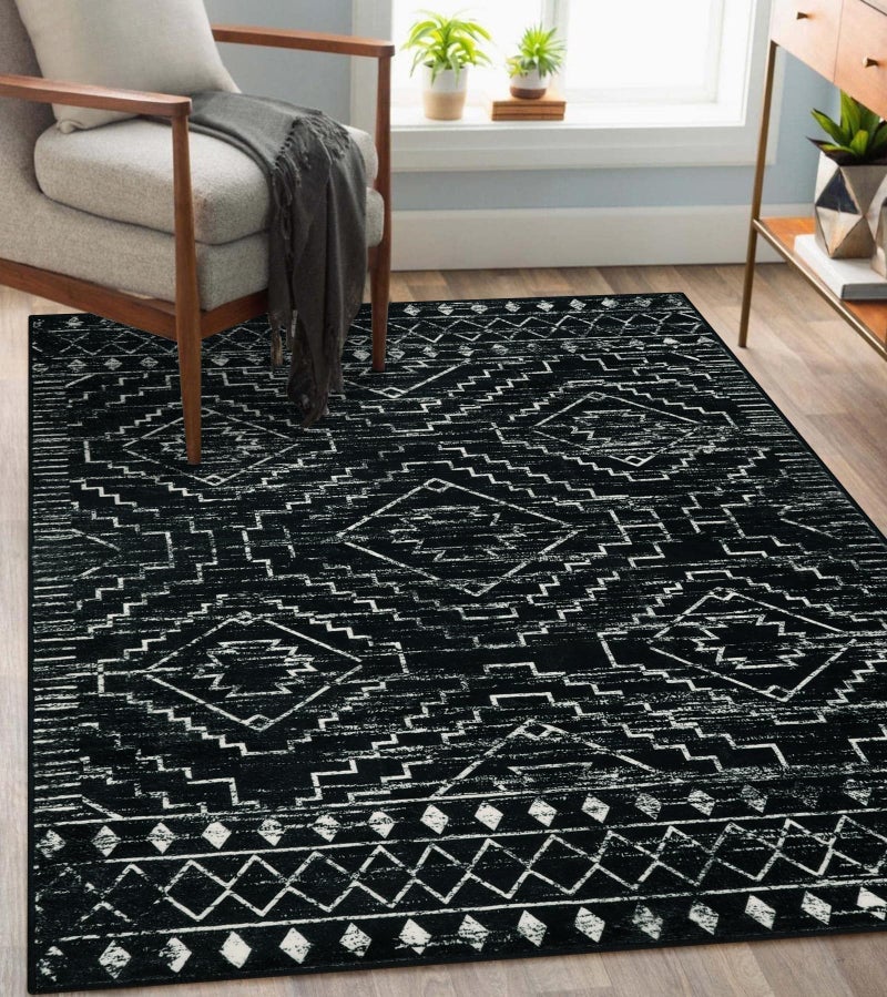 Wonnitar Moroccan Washable Rug 4x6 Black Boho Living Room Area Rug NonSlip Farmhouse Bedroom Carpet Dorm Room Throw Rug Low Pile Soft Accent Mat for Kitchen Entry Office Black4x6
