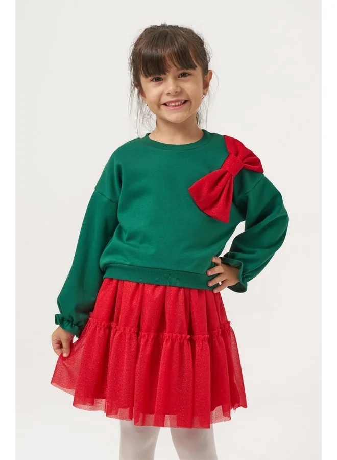 Magu Girls’ New Year Set Featuring a Green Cotton Top with Red Tulle Ribbon Details