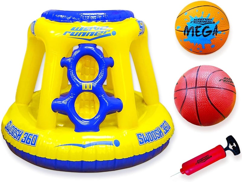 WaveRunner Inflatable Pool Basketball Hoop Set, Floating Game with Ball and Water-Skipping Ball for Kids and Adults - Image 1