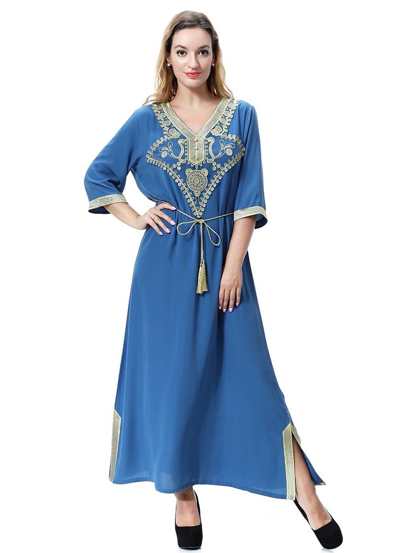Loquat Women's V- Neck Three-Quarter Sleeve Embroidery Maxi Dress Robe With Belt Blue/Yellow  - Image 1