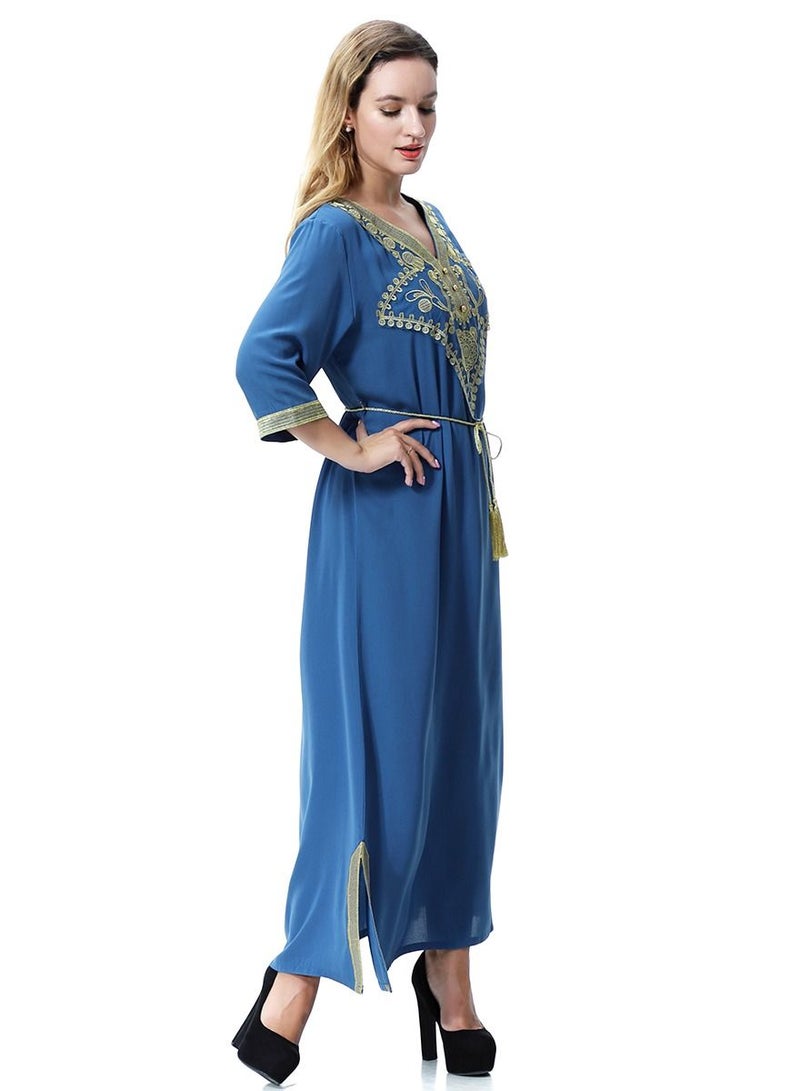 Loquat Women's V- Neck Three-Quarter Sleeve Embroidery Maxi Dress Robe With Belt Blue/Yellow  - Image 2