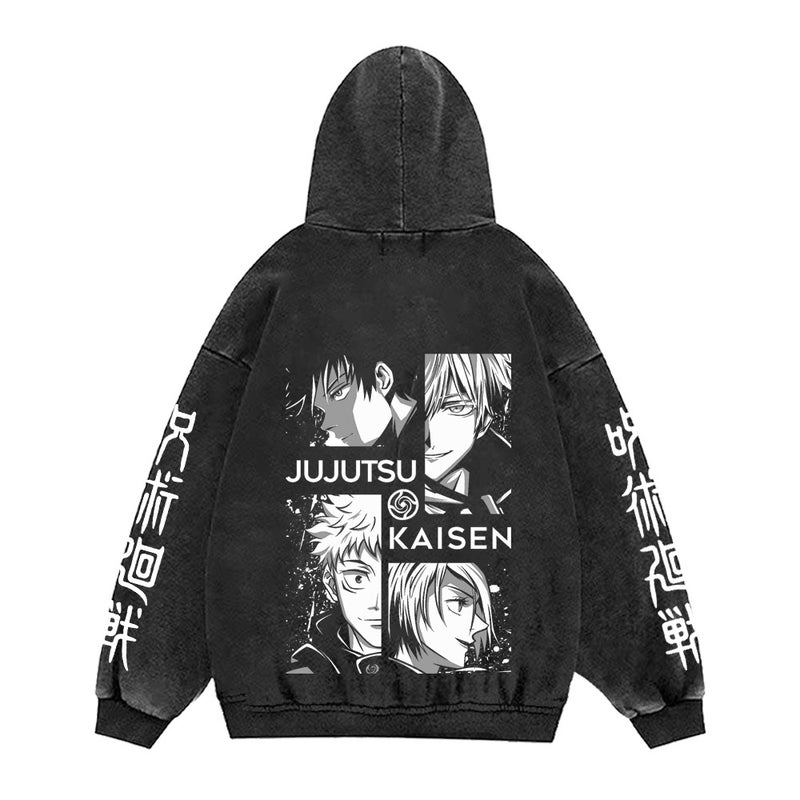 440g Heavy Washed Old Jujutsu Kaisen Printed Street Retro Sweatshirt Street Tide Hat Sweatshirt 6 retro black (back map)