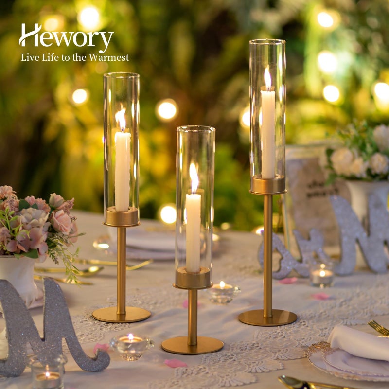 Hewory Gold Candle Holders, 3Pcs Brass Candle Stick Candelabra with Glass Candle Cover for Wedding Table Centerpiece Christmas Decor - Image 2
