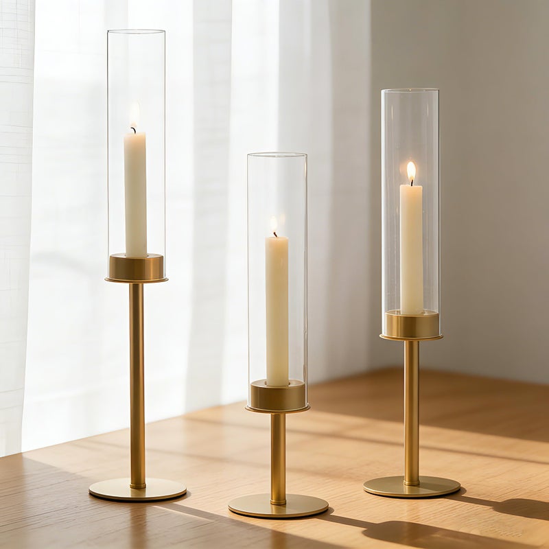 Hewory Gold Candle Holders, 3Pcs Brass Candle Stick Candelabra with Glass Candle Cover for Wedding Table Centerpiece Christmas Decor - Image 1