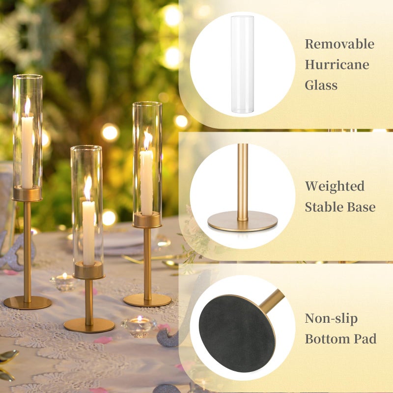Hewory Gold Candle Holders, 3Pcs Brass Candle Stick Candelabra with Glass Candle Cover for Wedding Table Centerpiece Christmas Decor - Image 5