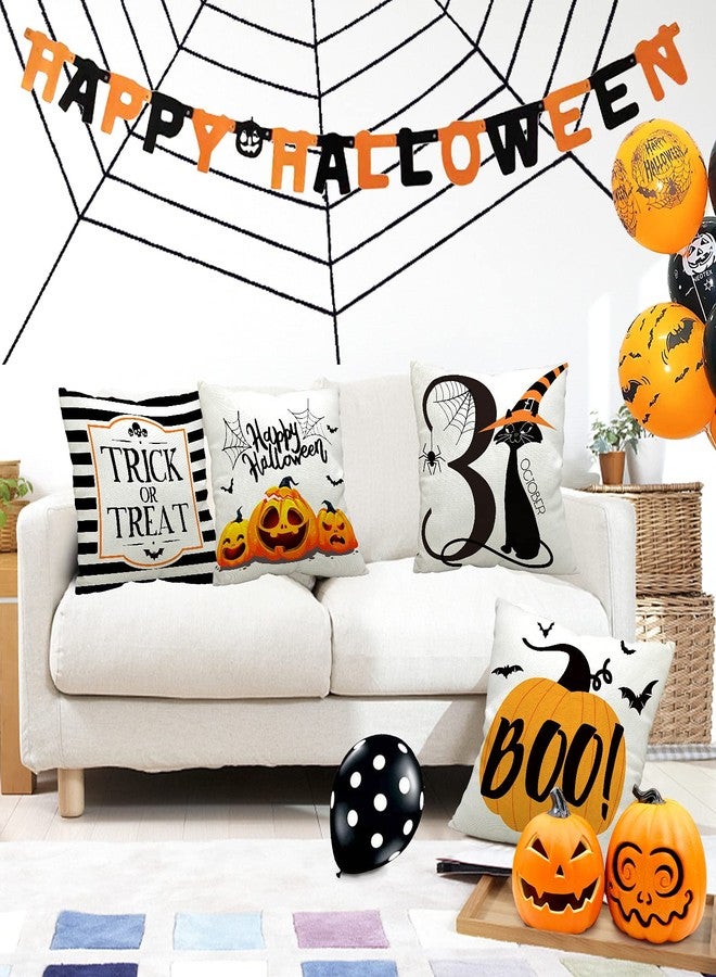 CH HAICHENG Halloween Pillow Covers 18x18 Set of 4 Trick or Treat Pillow Covers Happy Halloween Linen Sofa Bed Throw Cushion Cover Decoration - Image 5