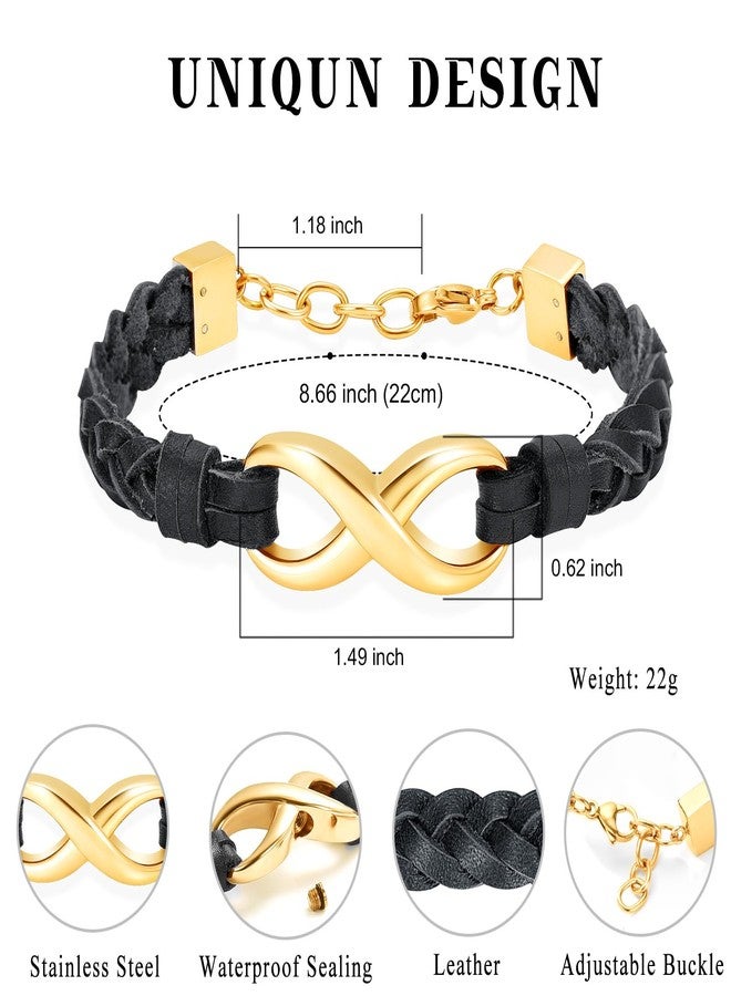 Minicremation Infinity Cremation Bracelet for Ashes Genuine Leather Memorial Urn Bangle for Human Stainless Steel Keepsake Bracelet Jewelry for Women Men (Black-Gold) - Image 2