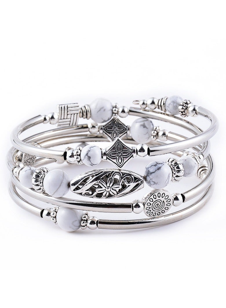 S SYMEFER Beaded Silver Bangle Wrap Bracelet for Her, Layered Bohemian Bracelets with Natural Stone, Jewellery Gifts for Women Ladies-White  - Image 1
