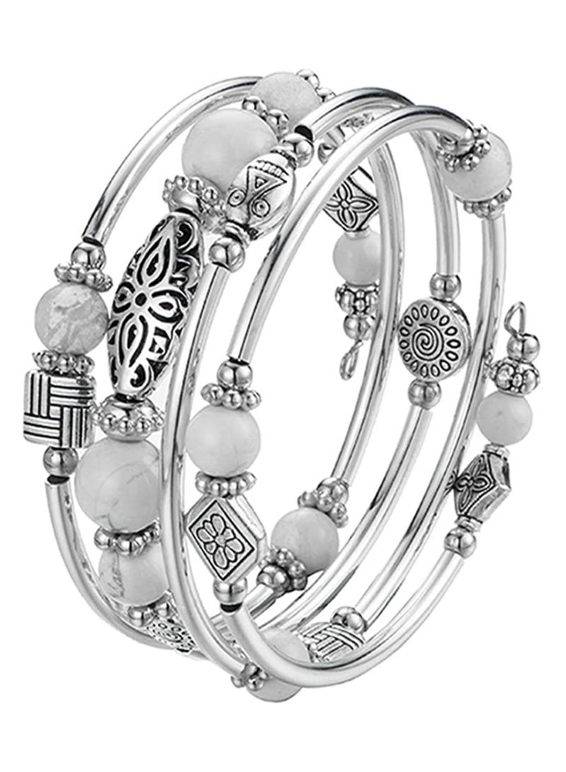 S SYMEFER Beaded Silver Bangle Wrap Bracelet for Her, Layered Bohemian Bracelets with Natural Stone, Jewellery Gifts for Women Ladies-White  - Image 2