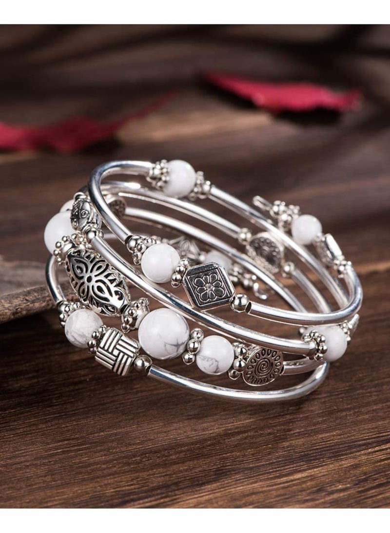 S SYMEFER Beaded Silver Bangle Wrap Bracelet for Her, Layered Bohemian Bracelets with Natural Stone, Jewellery Gifts for Women Ladies-White  - Image 3