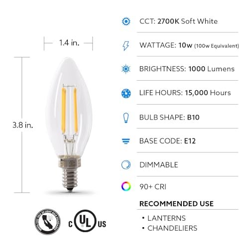 Feit Electric LED Candelabra Light Bulb, 100W Equivalent, Dimmable, E12 Base, 2700K Soft White, B10 Filament Torpedo Tip Decorative Lighting Bulbs, 13-Year Lifetime, BPCTC100927CAFIL/2/6, 12 Pack - Image 2