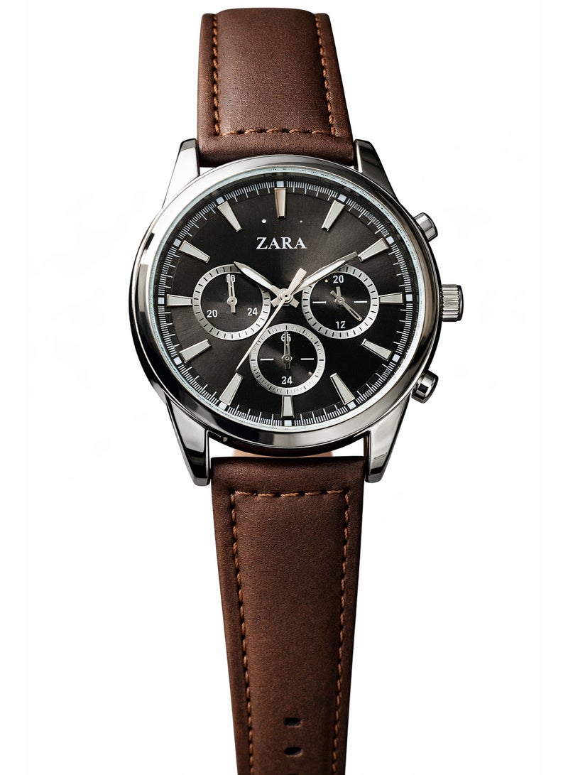 ZARA Men’s Chronograph Watch with Brown Leather Strap – Black Dial