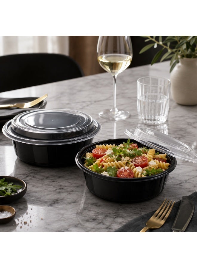 vsell24 Pack of 50 Black 16oz (RO) Round Microwave Food Containers with Lids Disposable Leak Resistant Meal Prep Takeaway and Food Storage Containers - Image 2