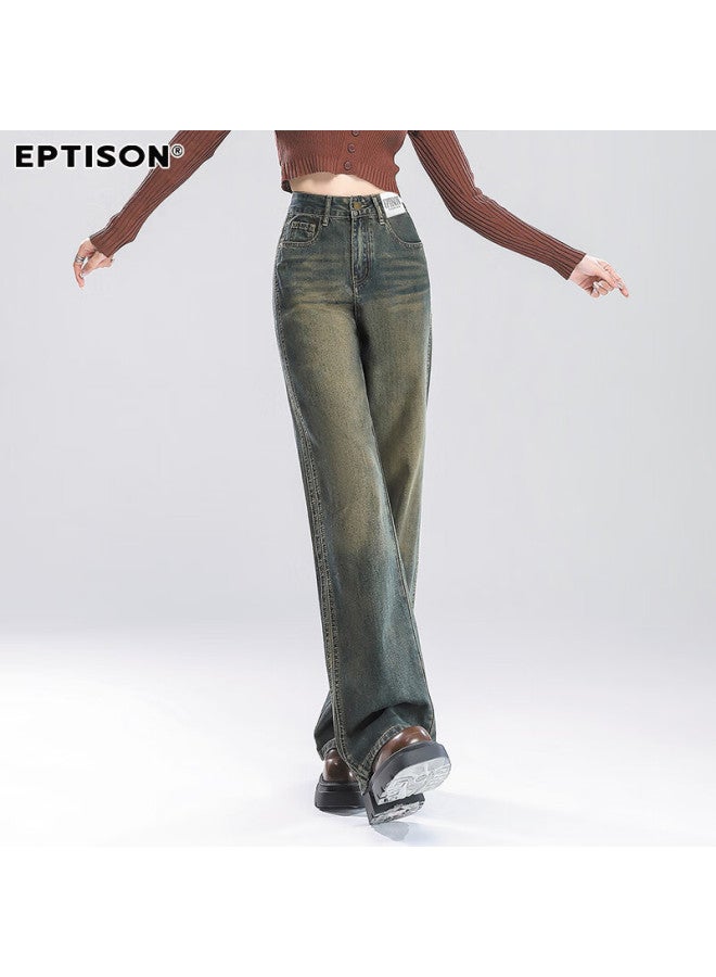EPTISON Yipintiancheng Autumn Wide-leg Jeans For Women, Retro Washed Straight-leg Trousers, Loose-fitting Slimming Floor-length Wide-leg Pants For Wome - Image 1