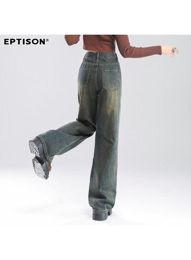 EPTISON Yipintiancheng Autumn Wide-leg Jeans For Women, Retro Washed Straight-leg Trousers, Loose-fitting Slimming Floor-length Wide-leg Pants For Wome - Image 2
