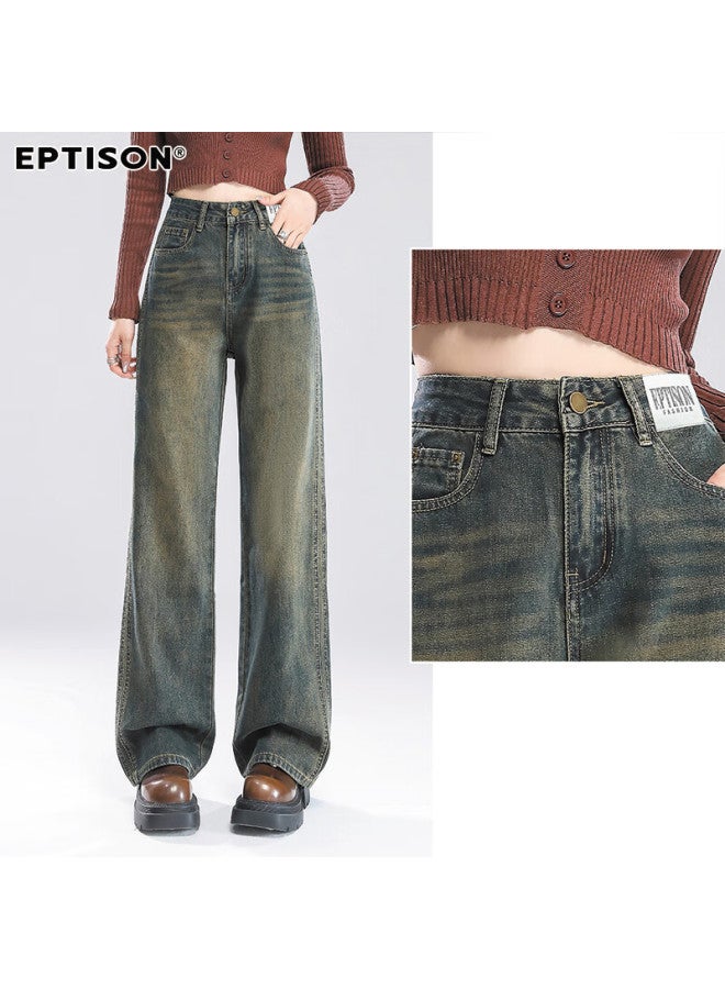 EPTISON Yipintiancheng Autumn Wide-leg Jeans For Women, Retro Washed Straight-leg Trousers, Loose-fitting Slimming Floor-length Wide-leg Pants For Wome - Image 5