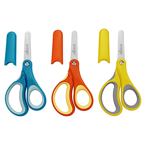 LIVINGO 3 Pack 5” Kids Scissors, Left/Right Handed Blunt Stainless Safety Toddler Preschool Child Scissors with Cover, School Classroom Craft Supplies for Teachers, Yellow/Blue/Gray - Image 1
