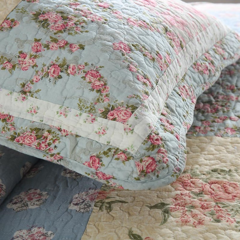 camandy Cotton Bedspread Quilt Bedding Sets 3 Pieces Reversible Coverlet Sets Comforters Green Rose Floral Patchwork Bedspread, King Size - Image 5