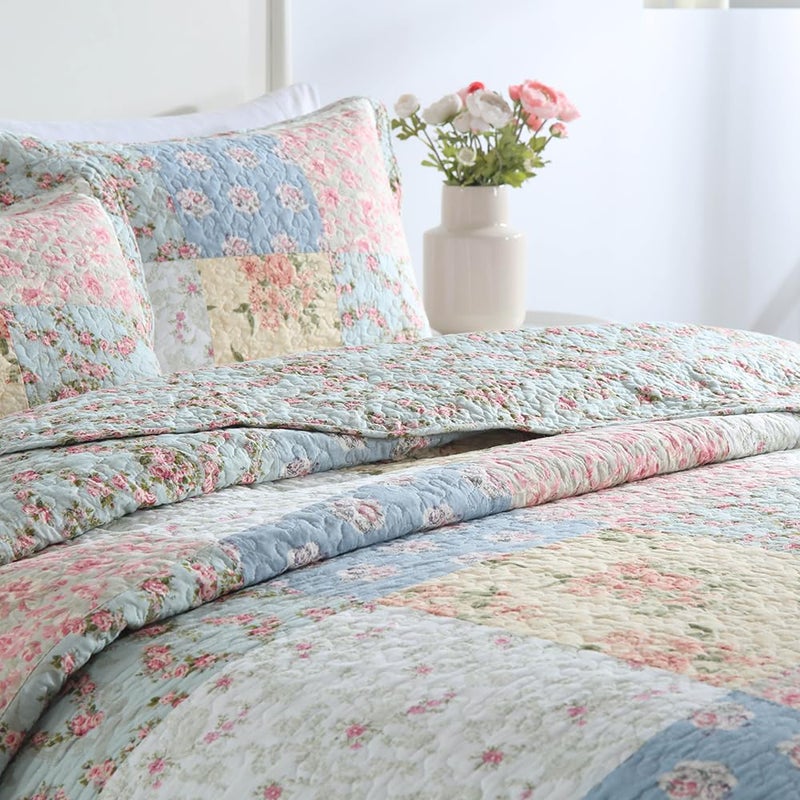 camandy Cotton Bedspread Quilt Bedding Sets 3 Pieces Reversible Coverlet Sets Comforters Green Rose Floral Patchwork Bedspread, King Size - Image 3