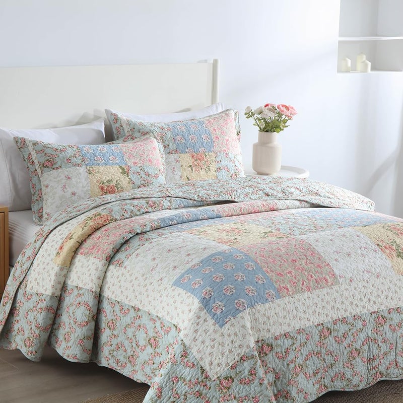 camandy Cotton Bedspread Quilt Bedding Sets 3 Pieces Reversible Coverlet Sets Comforters Green Rose Floral Patchwork Bedspread, King Size - Image 4