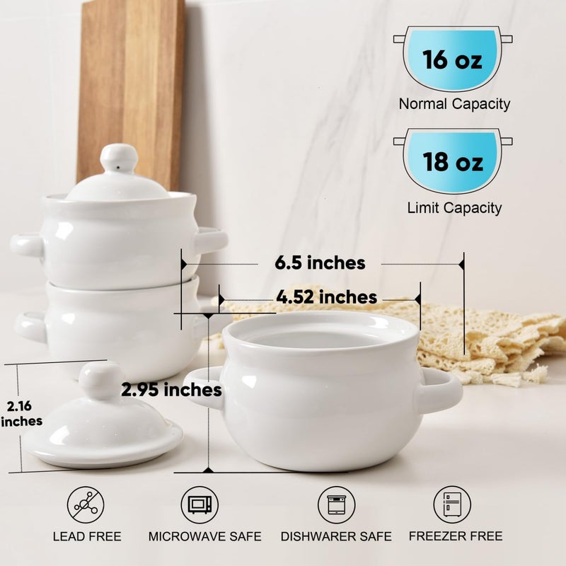 Vumdua French Onion Soup Bowls with Handles and Lids, 16 oz Ceramic Soup Crocks Oven Safe for Chilli, Cereal, Pot Pies, Microwave & Dishwasher Safe, Set of 4, White - Image 2
