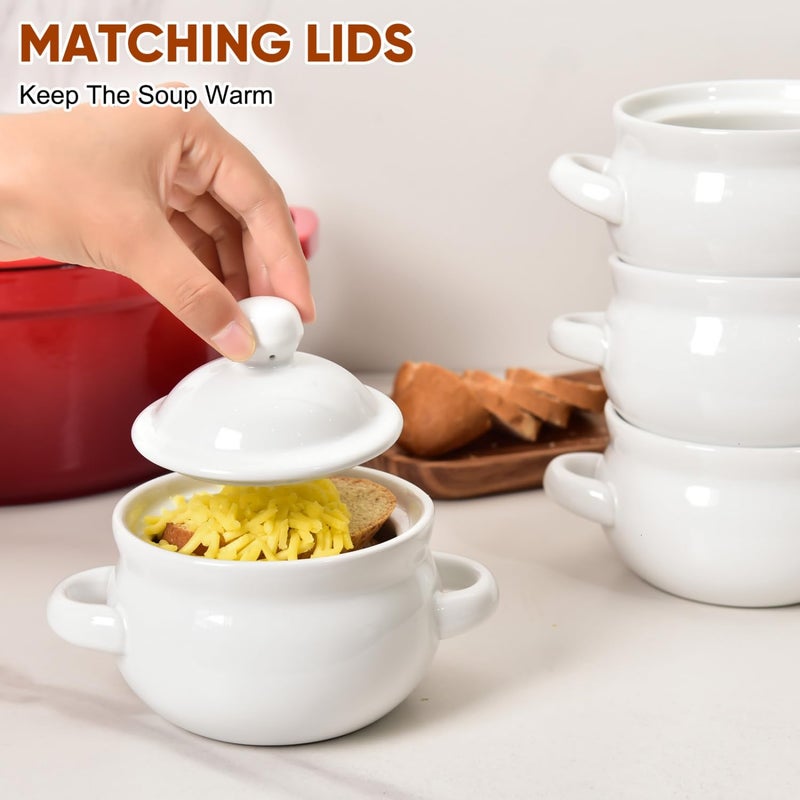 Vumdua French Onion Soup Bowls with Handles and Lids, 16 oz Ceramic Soup Crocks Oven Safe for Chilli, Cereal, Pot Pies, Microwave & Dishwasher Safe, Set of 4, White - Image 4