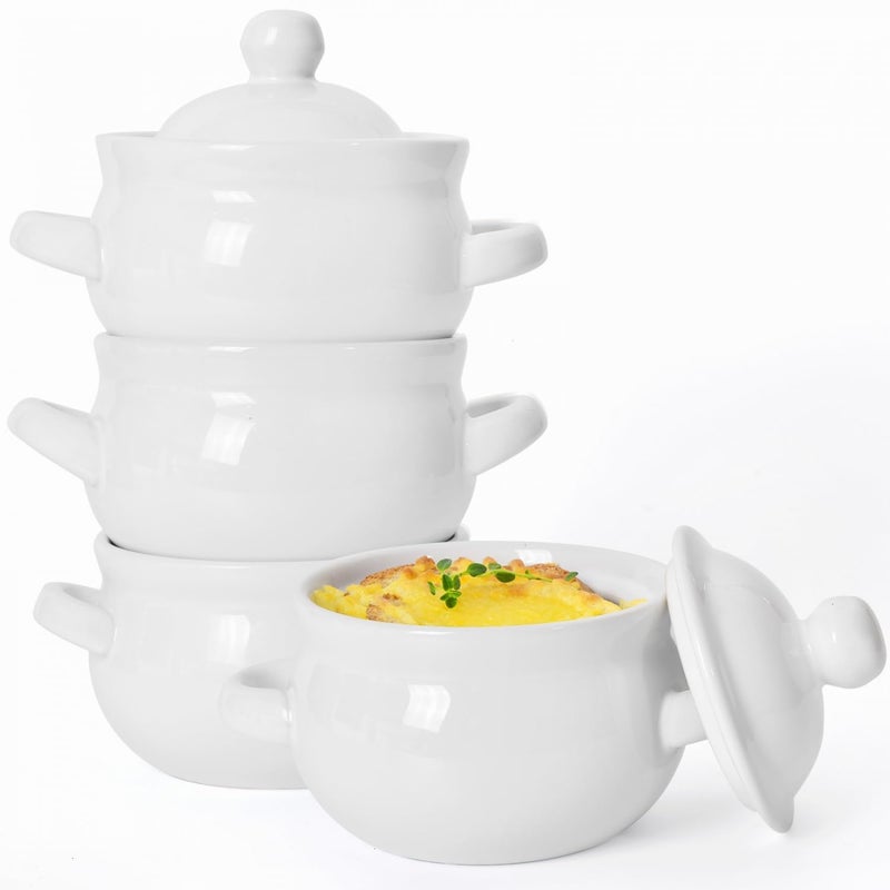 Vumdua French Onion Soup Bowls with Handles and Lids, 16 oz Ceramic Soup Crocks Oven Safe for Chilli, Cereal, Pot Pies, Microwave & Dishwasher Safe, Set of 4, White - Image 1