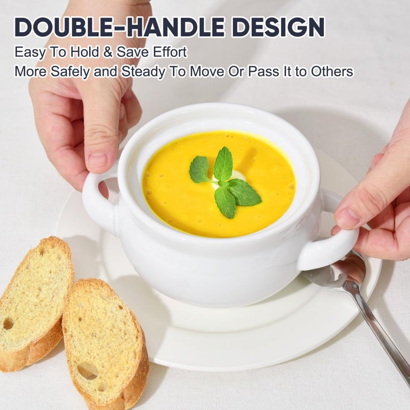 Vumdua French Onion Soup Bowls with Handles and Lids, 16 oz Ceramic Soup Crocks Oven Safe for Chilli, Cereal, Pot Pies, Microwave & Dishwasher Safe, Set of 4, White - Image 3