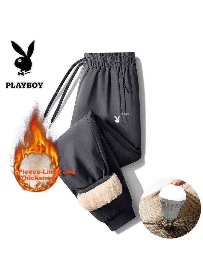 Playboy Men's Casual Fleece-lined Jogger Pants Autumn Winter Outdoor Sports Black Joggers 2XL