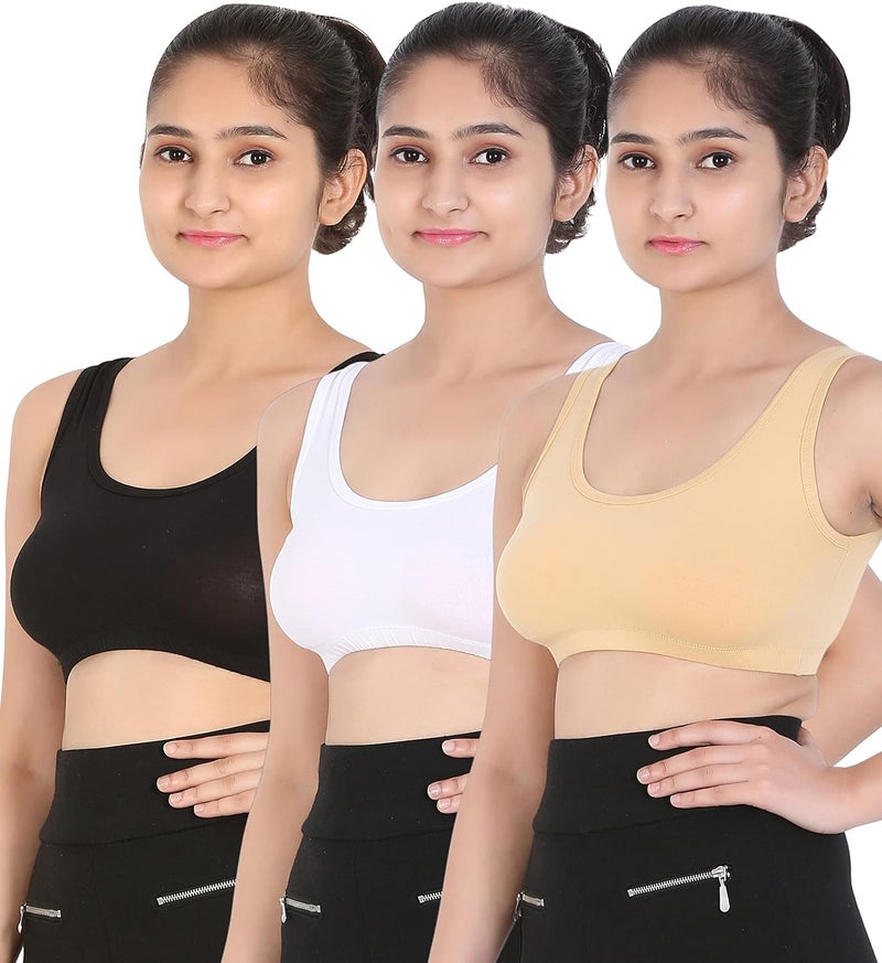Mysha Sports Bra for Women & Girls, Cotton Non-Padded Full Coverage Beginners Wire Free T-Shirt Gym Workout Bra with Regular Broad Strap, Activewear Training Bra for Teenager Kids (Pack of 3) - Image 1