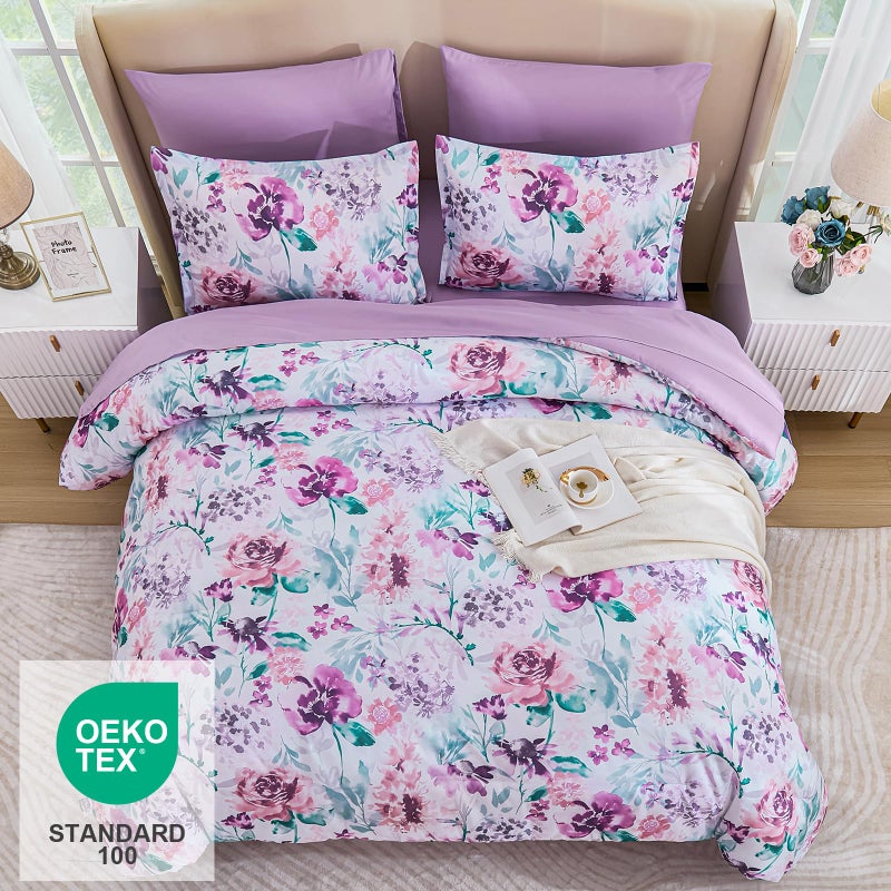 Luxudecor Floral Comforter Set Queen Size 7 Pieces Bed in a Bag, Purple Flower Watercolor Bed Set, Soft Comforter with Sheet Set 90"x90" - Image 3