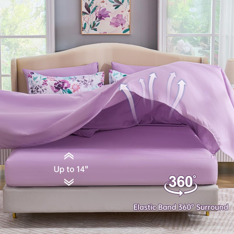 Luxudecor Floral Comforter Set Queen Size 7 Pieces Bed in a Bag, Purple Flower Watercolor Bed Set, Soft Comforter with Sheet Set 90"x90" - Image 5