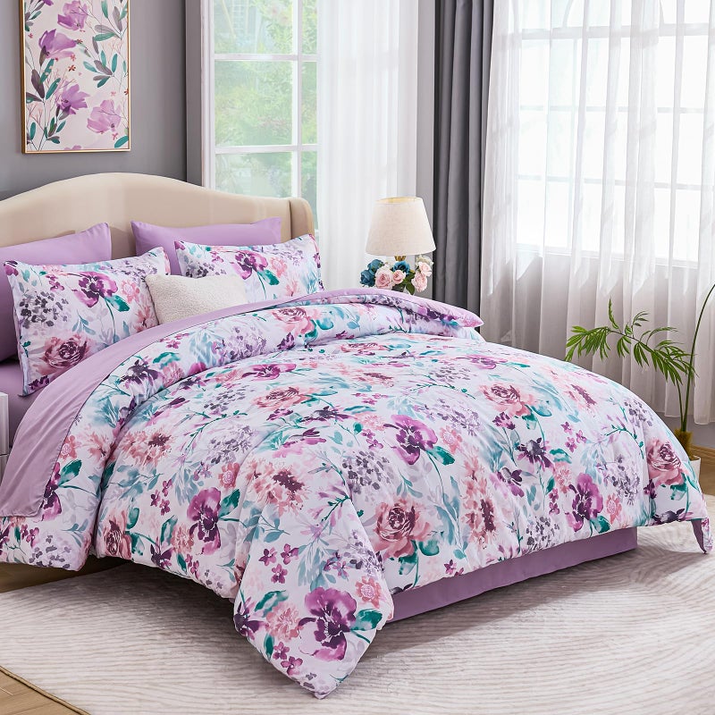 Luxudecor Floral Comforter Set Queen Size 7 Pieces Bed in a Bag, Purple Flower Watercolor Bed Set, Soft Comforter with Sheet Set 90"x90" - Image 2