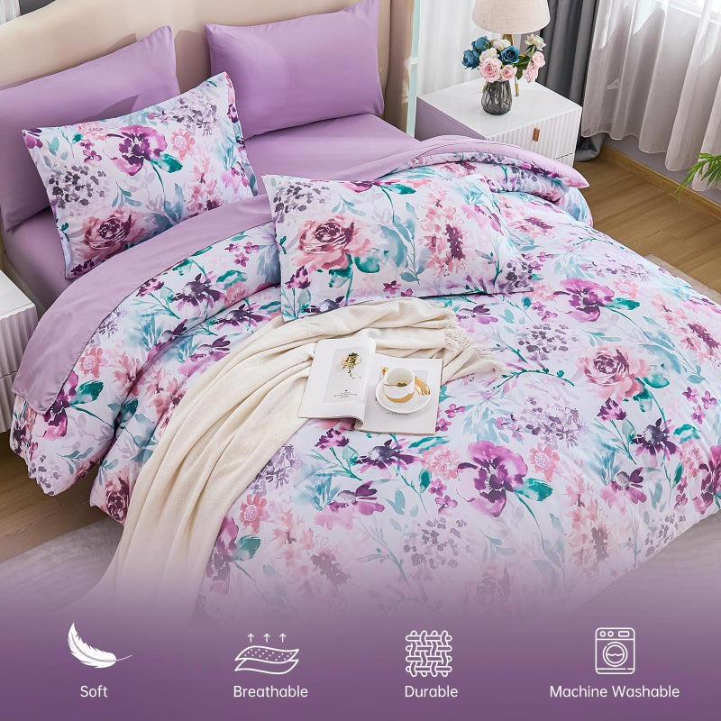 Luxudecor Floral Comforter Set Queen Size 7 Pieces Bed in a Bag, Purple Flower Watercolor Bed Set, Soft Comforter with Sheet Set 90"x90" - Image 4