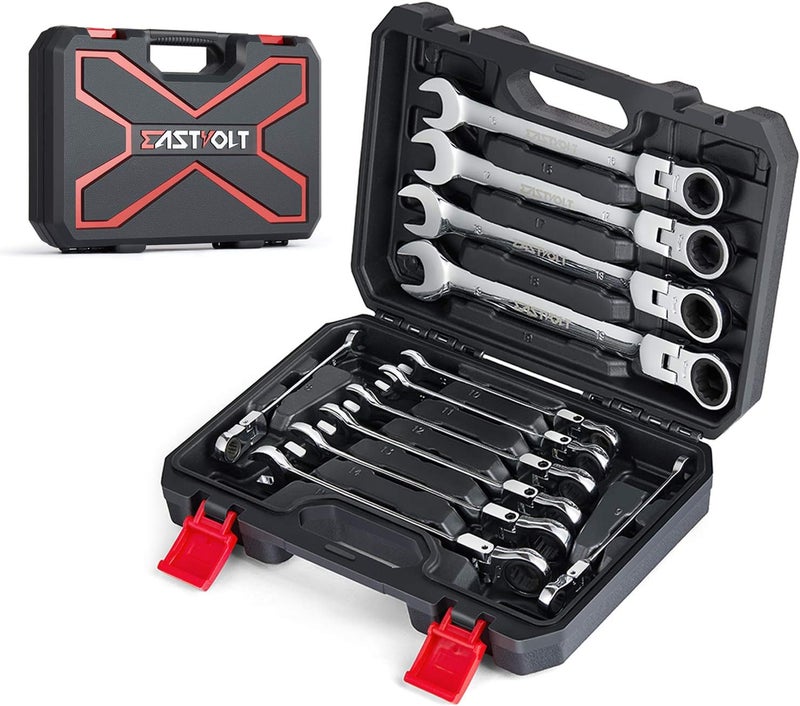 Eastvolt مجموعة مفاتيح ربط مرنة الرأس من إيستفولت مكونة من 12 قطعة، مقاسات مترية من 8 مم إلى 19 مم، مجموعة مفاتيح ربط مزدوجة النهايات، فولاذ كروم فاناديوم مع صندوق أدوات، EVHT1201 - Image 1