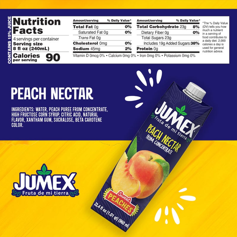 Jumex Peach Juice Nectar - Peach Nectar Made with Fresh Fruit Puree - Tropical Fruit Juice Concentrate for Smoothie Mix, Cocktail Mixers, Kids Drinks & Mexican Beverages - 32.4oz, 1 Pack Carton - Image 2